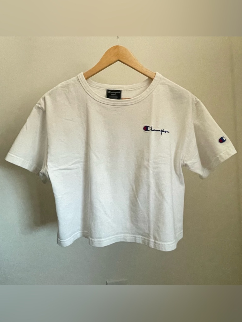 Champion White Short Sleeve Tee with Script Chest Logo